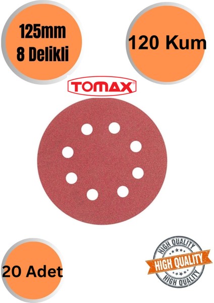 Tomax 20 Adet 120 Kum 8 Delikli 125 mm Cırt Zımpara Kağıdı El Zımparaları Avuç Içi Spiral Taşlamalı
