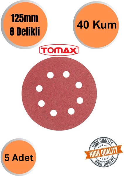 Tomax 5 Adet 40 Kum 8 Delikli 125 mm Cırt Zımpara Kağıdı El Zımparaları Avuç Içi Spiral Taşlamalı