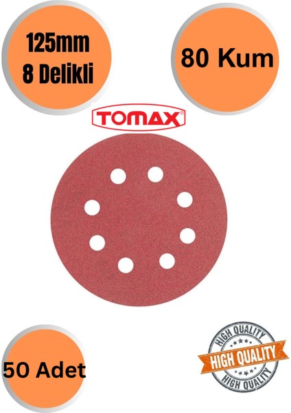Tomax 50 Adet 80 Kum 8 Delikli 125 mm Cırt Zımpara Kağıdı El Zımparaları Avuç Içi Spiral Taşlamalı