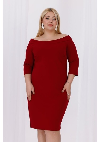 Büyük Beden Carmen Krep Elbise Bordo Truvakar Kol Şık ve Rahat