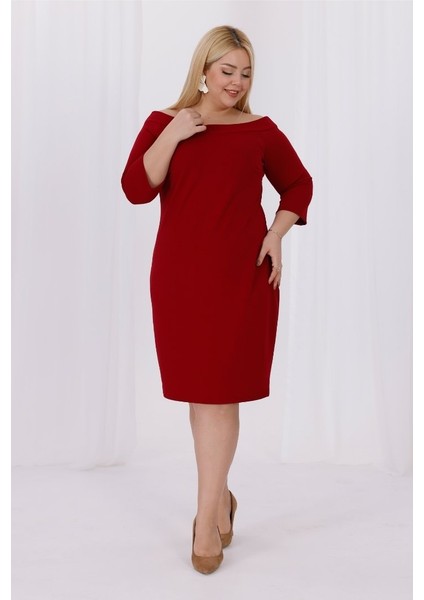 Büyük Beden Carmen Krep Elbise Bordo Truvakar Kol Şık ve Rahat modelleri