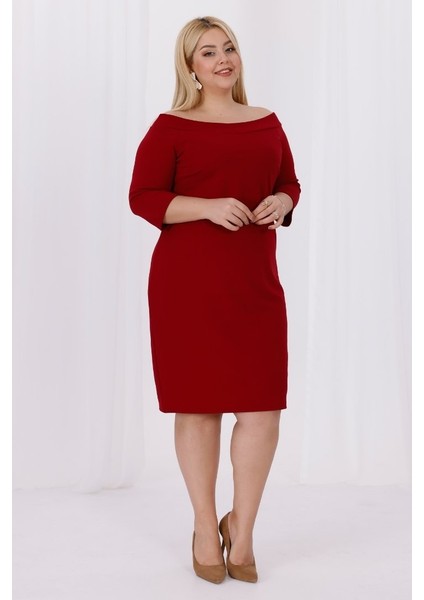 Büyük Beden Carmen Krep Elbise Bordo Truvakar Kol Şık ve Rahat fırsatları