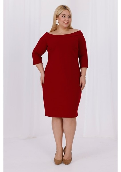 Büyük Beden Carmen Krep Elbise Bordo Truvakar Kol Şık ve Rahat indirimleri