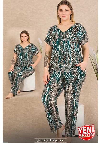 Lady Büyük Beden Yılan Desenli Cepli Pijama Düğmeli Üst Kısa Kollu Pijama Takımı