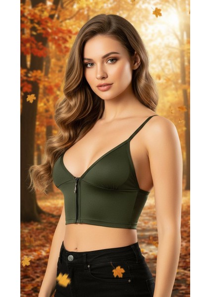 Fermuarlı Askılı Dalgıç Kumaş Pedli Crop Büstiyer