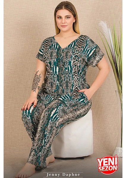 Lady Büyük Beden Yılan Desenli Cepli Pijama Düğmeli Üst Kısa Kollu Pijama Takımı fiyatları