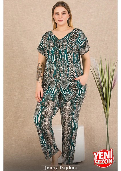Lady Büyük Beden Yılan Desenli Cepli Pijama Düğmeli Üst Kısa Kollu Pijama Takımı modelleri