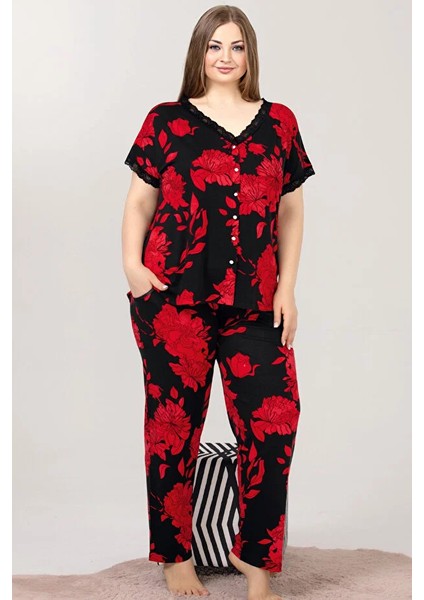 Lady Çiçek Desenli Kırmızı Kısa Kol Dantel Yaka Önden Düğmeli Viskon Kumaş Pijama Takımı