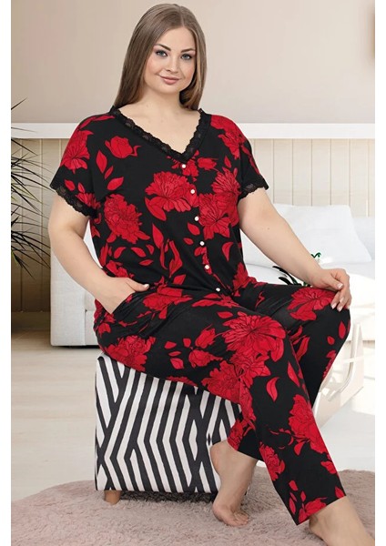 Lady Çiçek Desenli Kırmızı Kısa Kol Dantel Yaka Önden Düğmeli Viskon Kumaş Pijama Takımı fiyatları