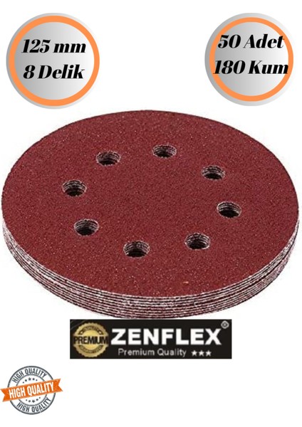 Zenflex 50 Adet 180 Kum 8 Delikli 125 mm Cırt Zımpara Kağıdı El Zımparaları Avuç Içi Spiral Taşlama