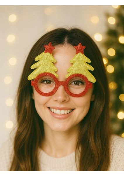 Yılbaşı Simli Çam Ağaçlı Gözlük Parti Aksesuarı Altın