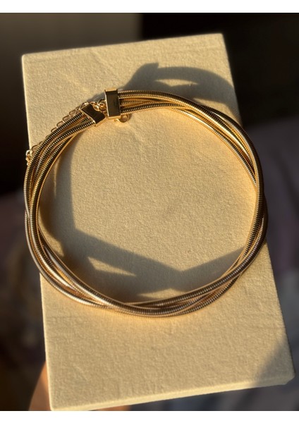 Tırtık Model Üçlü Sarmal Tasarım Gold Choker Kolye