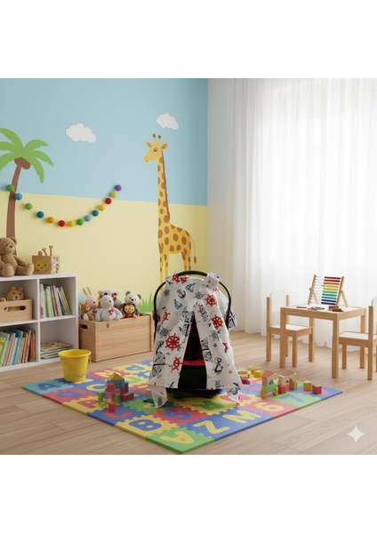 Denizci Temalı Bebek Puset Örtüsü Çapa & Dümen Desenli Çıt Çıtlı Puset Örtüsü