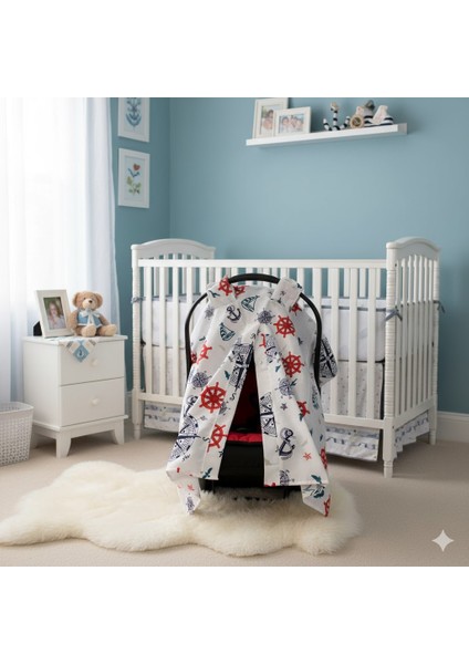 Denizci Temalı Bebek Puset Örtüsü Çapa & Dümen Desenli Çıt Çıtlı Puset Örtüsü