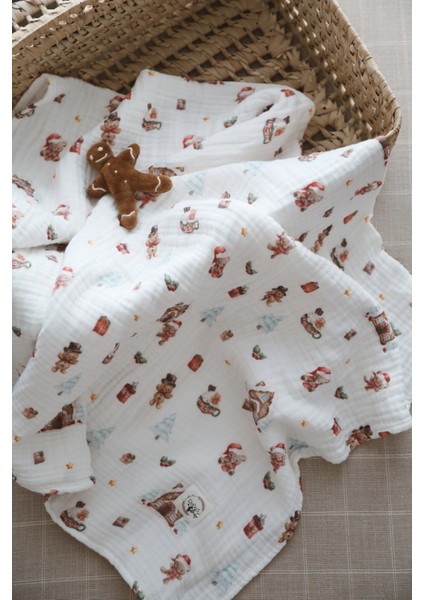 Dört Katlı Kurabiye Adam Desenli Organik Müslin Örtü