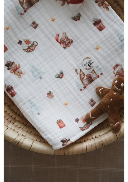 Dört Katlı Kurabiye Adam Desenli Organik Müslin Örtü