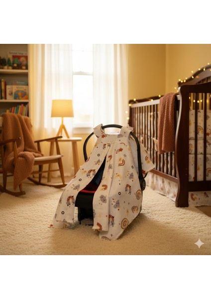 Gökkuşağı & Yıldızlar Deseni %100 Pamuk Müslin Kumaş Puset Örtüsü Rüya Temalı Puset Örtüsü