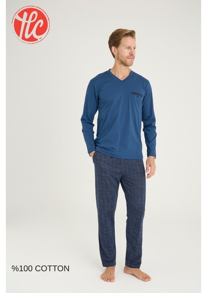 Erkek %100 Pamuklu 4 Mevsim Kumaş V Yaka Uzun Kollu Pijama Takım