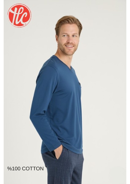 Erkek %100 Pamuklu 4 Mevsim Kumaş V Yaka Uzun Kollu Pijama Takım indirimleri
