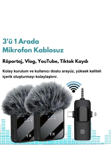 Yüksek Kalite Profesyonel 3 In 1 Kablosuz Taşınabilir Yaka Mikrofonu Tüylü
