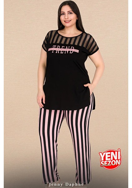 Lady Büyük Beden Çizgili Kısa Kollu Uzun Pijama Takımı