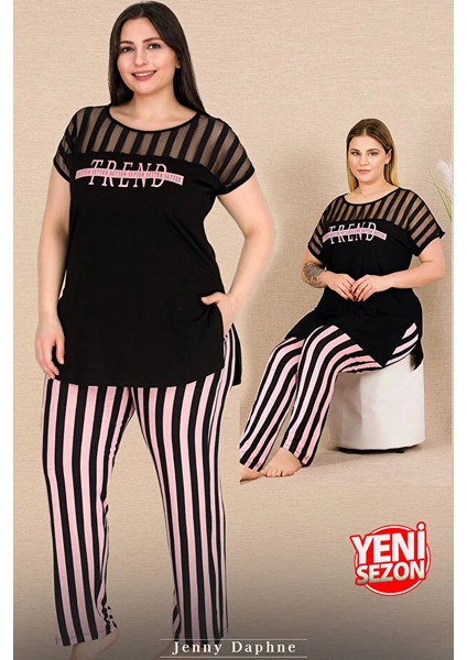 Lady Büyük Beden Çizgili Kısa Kollu Uzun Pijama Takımı modelleri