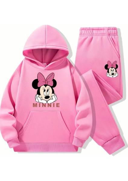Punıx Kıds Özel Seri Kapüşonlu Sevimli Pembe Kurdeleli Minnie Baskılı Kışlık Kız Çocuk Eşofman Takımı