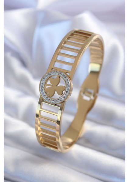 316L Çelik Gold Renk Zirkon Taşlı Yonca Model Kadın Kelepçe - TJ-BB5589 modelleri