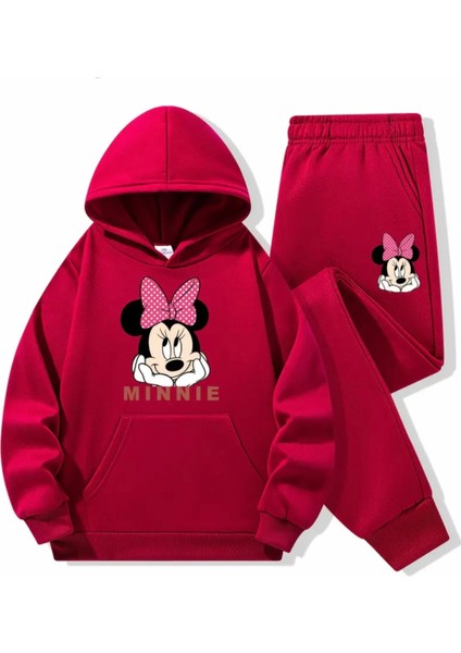 Punıx Kıds Özel Seri Kapüşonlu Sevimli Pembe Kurdeleli Minnie Baskılı Kışlık Kız Çocuk Eşofman Takımı