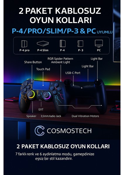 Kablosuz Ps4 Gamepad – Ps4/pc Uyumlu | Bluetooth Joystick, Dokunmatik Rgb Işıklı Panel, Çift Titreşim, 3.5mm Ses Çıkışı – Siyah Spider Desen