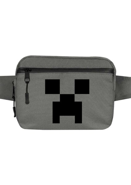 Mine-Craft Creeper Face Bel Çantası Fermuarlı Gri Renk