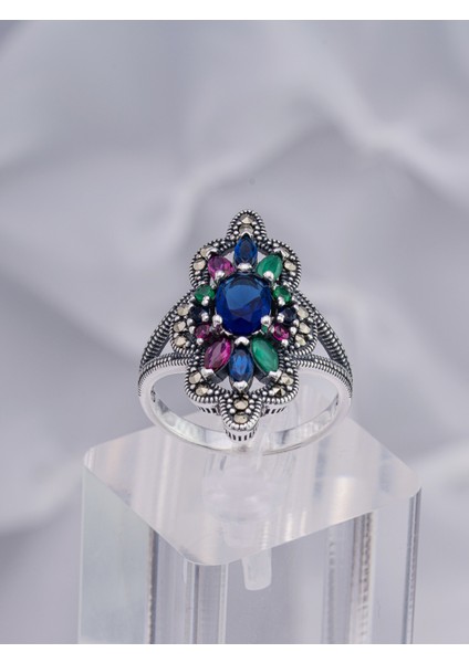 Renkli Doğal Taşlı Çiçek Motifli 925 Ayar Gümüş Kadın Yüzük – Işıltılı ve Zarif Tasarım fiyatları
