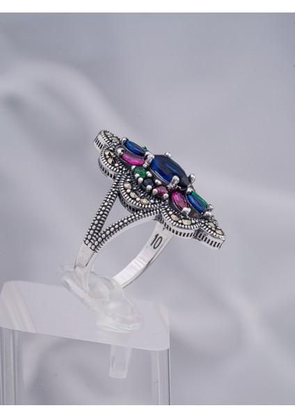 Renkli Doğal Taşlı Çiçek Motifli 925 Ayar Gümüş Kadın Yüzük – Işıltılı ve Zarif Tasarım modelleri