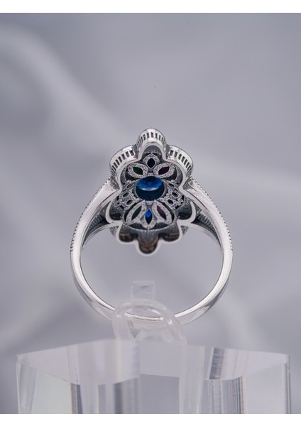 Renkli Doğal Taşlı Çiçek Motifli 925 Ayar Gümüş Kadın Yüzük – Işıltılı ve Zarif Tasarım fırsatları