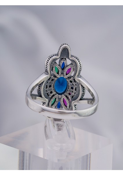 Renkli Doğal Taşlı Çiçek Motifli 925 Ayar Gümüş Kadın Yüzük – Işıltılı ve Zarif Tasarım indirimleri