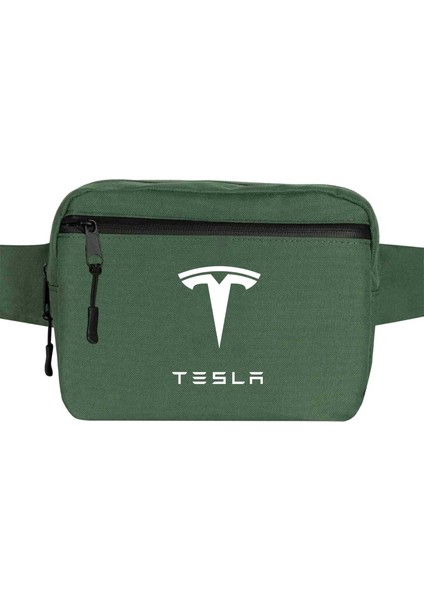 Tesla Logo Text Bel Çantası Fermuarlı Yeşil Renk