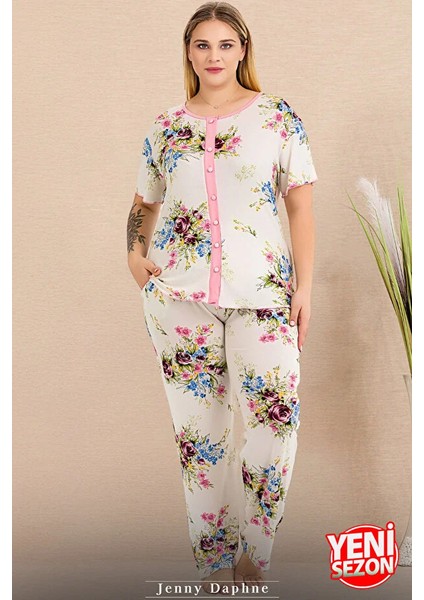 Lady Büyük Beden Gül Desenli Düğmeli Üst Kısa Kollu Pijama Takımı fiyatları