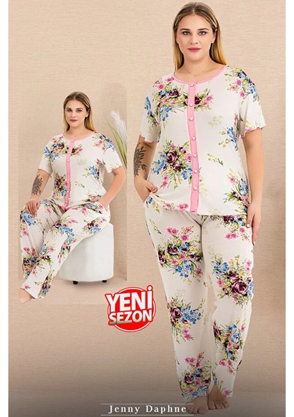 Lady Büyük Beden Gül Desenli Düğmeli Üst Kısa Kollu Pijama Takımı modelleri