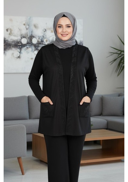 Hesna Kadın Alçin Büyük Beden 2 Ip Kristal Taşlı Cepli Siyah Yelek