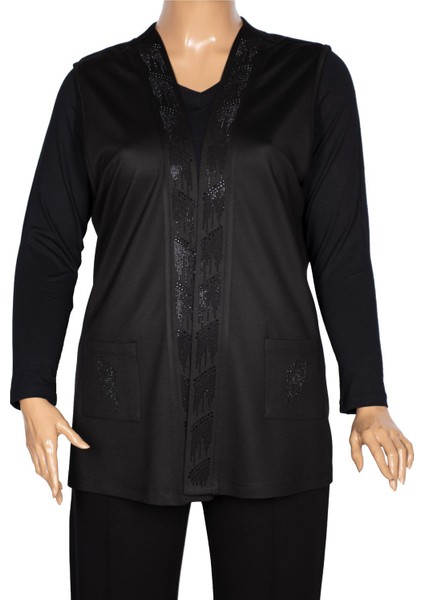 Hesna Kadın Alçin Büyük Beden 2 Ip Kristal Taşlı Cepli Siyah Yelek fiyatları