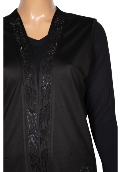 Hesna Kadın Alçin Büyük Beden 2 Ip Kristal Taşlı Cepli Siyah Yelek modelleri