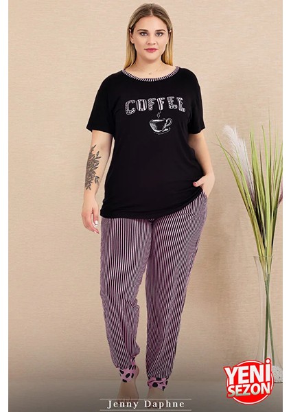 Lady Büyük Beden Çizgili Paça Detaylı Pijama Kısa Kollu Pijama Takımı
