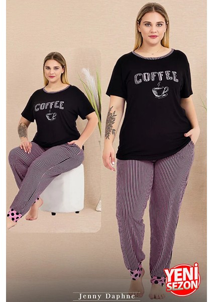 Lady Büyük Beden Çizgili Paça Detaylı Pijama Kısa Kollu Pijama Takımı fiyatları