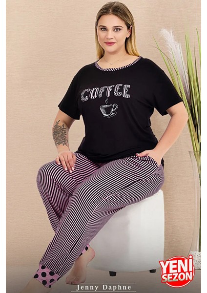 Lady Büyük Beden Çizgili Paça Detaylı Pijama Kısa Kollu Pijama Takımı modelleri