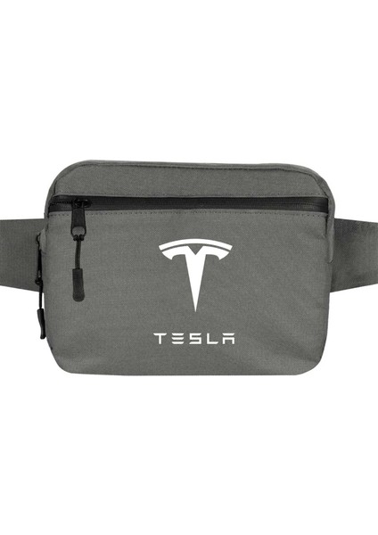 Tesla Logo Text Bel Çantası Fermuarlı Gri Renk