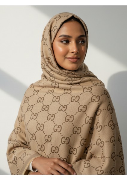 G Desen Bej Kahve Tok Duruşlu Çift Taraflı Jakar Şal