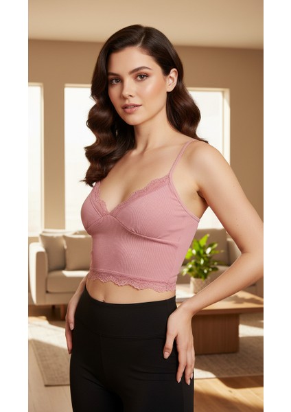Crop Askılı Dantelli Çıkarılabilir Pedli Büstiyer Bluz