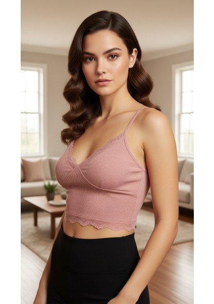 Crop Askılı Dantelli Çıkarılabilir Pedli Büstiyer Bluz