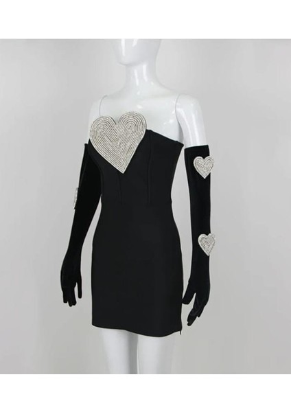 Kalp Işlemeli Straplez Mini Siyah Elbise ,straplez Mini Siyah Elbise , Siyah Abiye Elbise modelleri