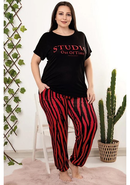 Lady Viskon Kumaş Büyük Beden Desenli Kısa Kollu Uzun Pijama Takımı